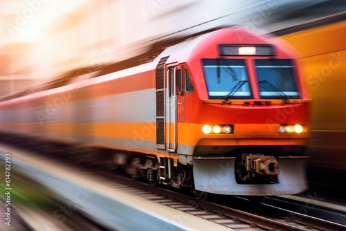 Close - up view of a cargo train with motion blur, symbolizing the fast and efficient transportation of goods. Generative AI