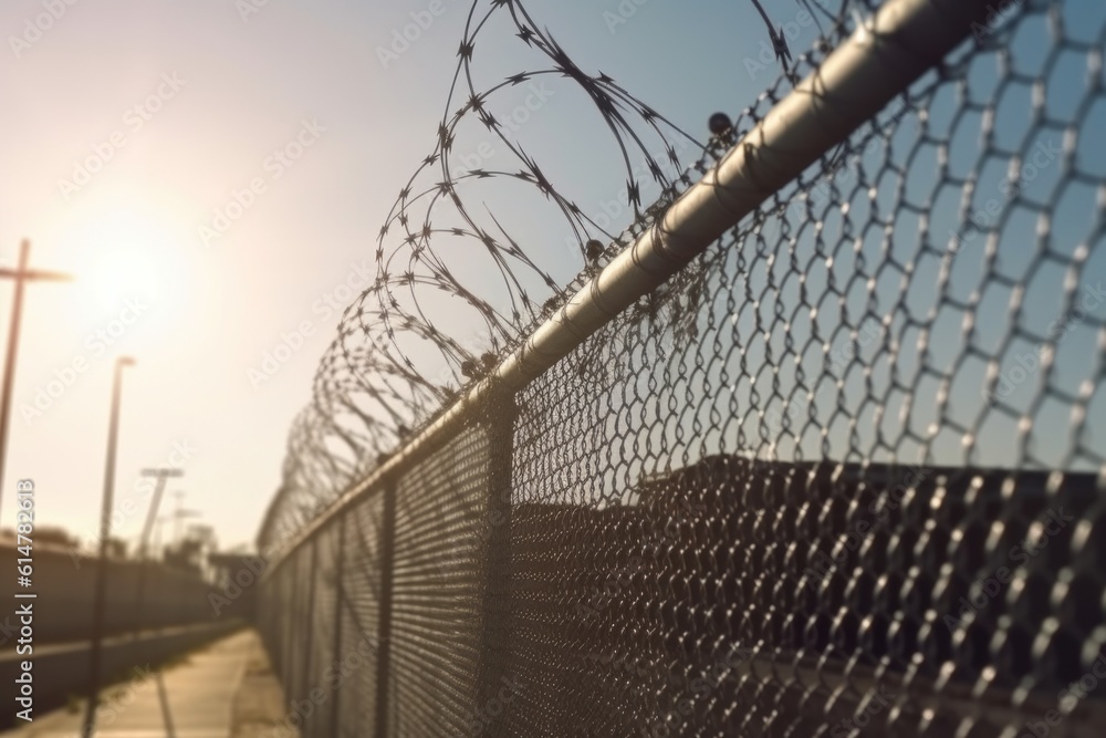 An image of a high-security prison fence or perimeter wall, symbolizing the separation between inmates and the outside world. Generative AI An image of a high-security prison fence or perimeter wall, symbolizing the separation between inmates and the outside world. Generative AI