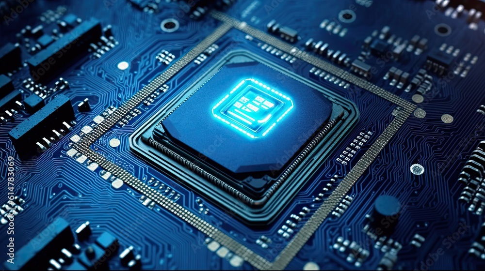 Fototapeta premium Close-up Shot of Advanced Futuristic Microprocessor Chip Connecting with a Motherboard and Activates entire System.CPU