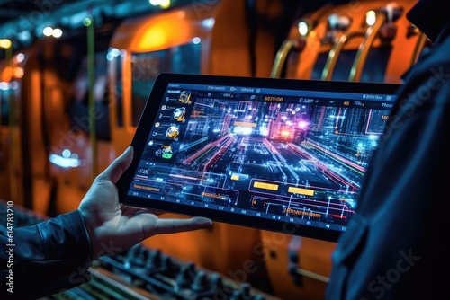 A close - up shot of an engineer using a tablet to check and analyze the data systems of a track on the railway network. Generative AI