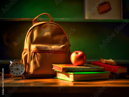 School bag and books on wooden table with school elements - ai generative