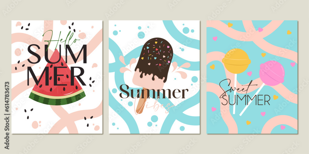 Summer poster set. The upright Set is great for cards, brochures, flyers, and advertising poster templates. Vector illustration.
