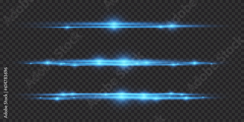 Pack of blue horizontal highlights. Laser beams, horizontal light beams. Beautiful light flashes. On a transparent background.