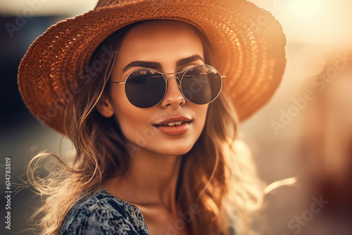 young woman in hat in summer resort, enjoying summer vacations.travel concept. generative AI