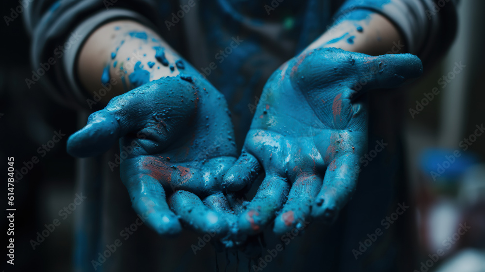 Adult hands in blue ink painting concept art. Blue ink sticky hands. Hands soaked in blue paint. Realistic 3D illustration. Generative AI Adult hands in blue ink painting concept art. Blue ink sticky hands. Hands soaked in blue paint. Realistic 3D illustration. Generative AI