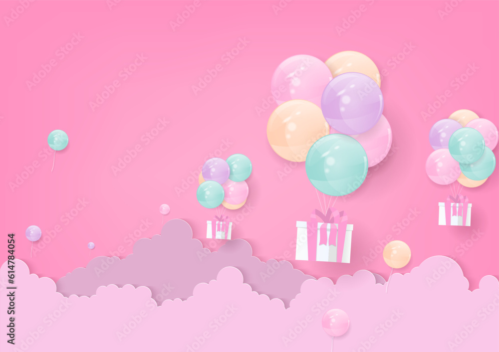 Pastel helium balloons and cloud on pink background