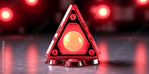 He warns with a white sign on a red background.