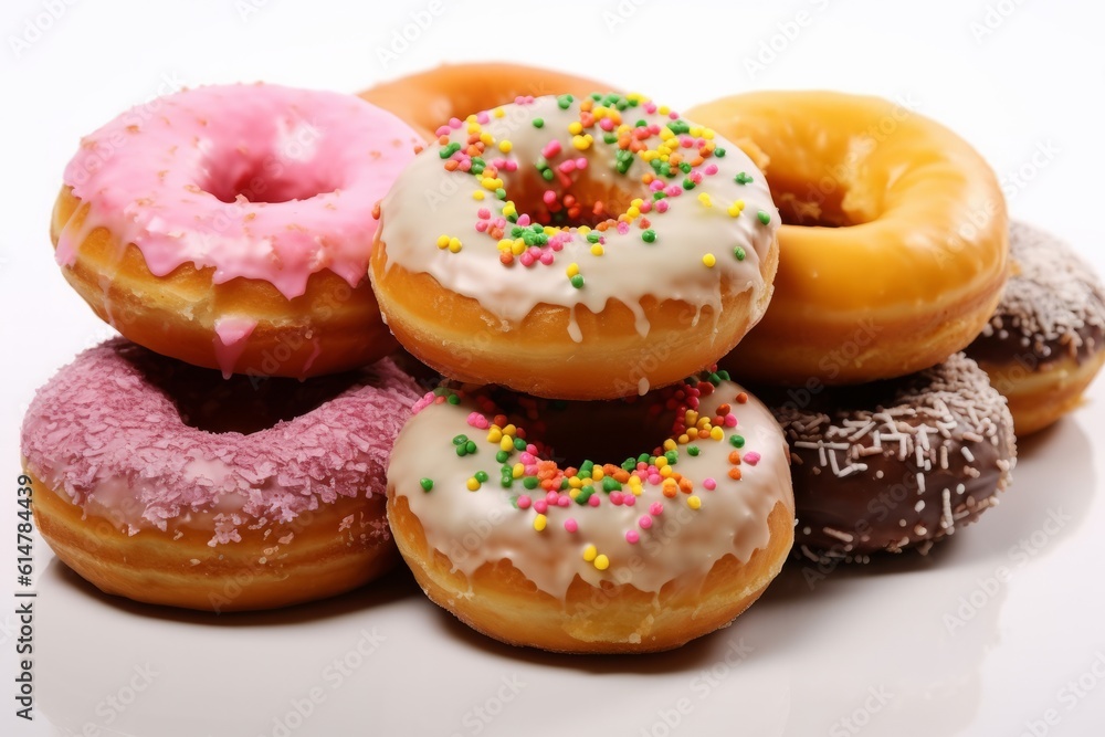 Illustration of a colourful assortment of freshly baked iced donuts on a plain background created with Generative AI technology Illustration of a colourful assortment of freshly baked iced donuts on a plain background created with Generative AI technology