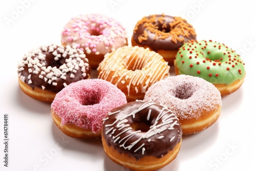 Illustration of a colourful assortment of freshly baked iced donuts on a plain background created with Generative AI technology