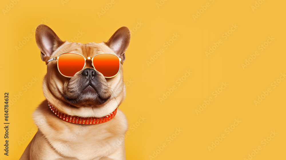 Happy Funny dog wearing sunglasses, birthday celebration card. Happy pets. Copyspace. Cute Dog
