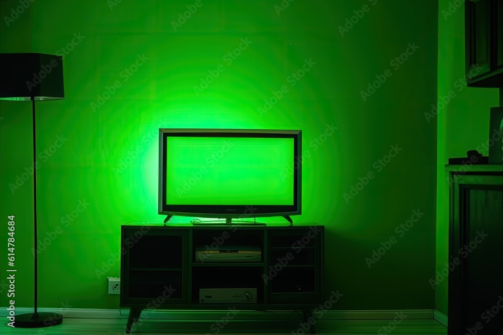 television with a chroma key background in the living room. Generative AI television with a chroma key background in the living room. Generative AI