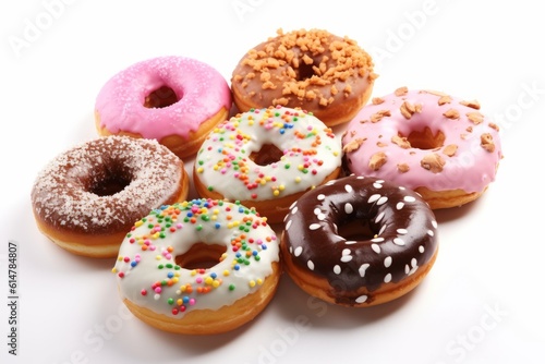 Illustration of a colourful assortment of freshly baked iced donuts on a plain background created with Generative AI technology