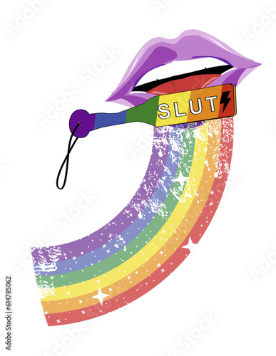 T-shirt illustration of a rainbow with lips and a spanking paddle. bondage vector illustration.