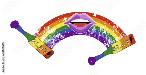 T-shirt illustration of a rainbow with lips and a spanking paddle. bondage vector illustration.