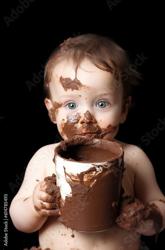 a_baby_is_holding_a_chocolate_mug_with_brown_frosting  AI Generative
