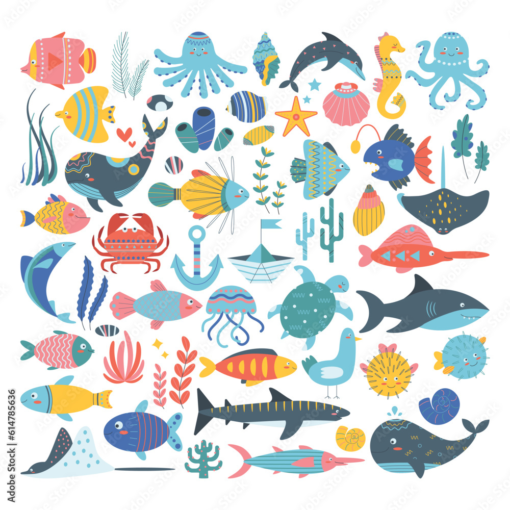 Set of algae, shells, octopus, stingray, dolphin, seahorse, swordfish, turtle, whale, crab. Set of algae, shells, octopus, stingray, dolphin, seahorse, swordfish, turtle, whale, crab.