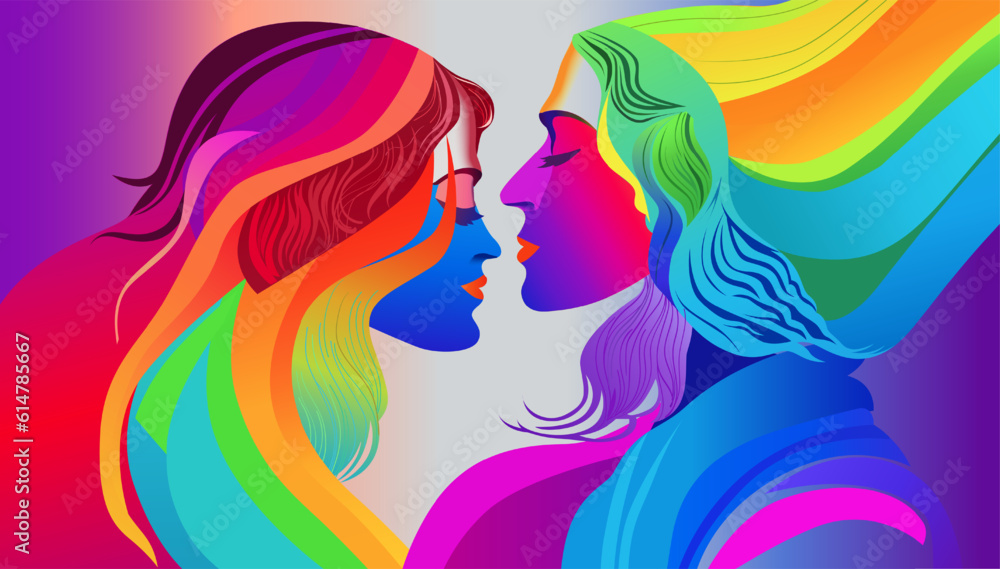Women couples blow a kiss symbolizing the month of pride. LGBTQ Pride Month. Women couples blow a kiss symbolizing the month of pride. LGBTQ Pride Month.