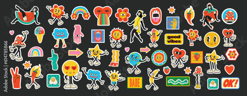 Retro cartoon stickers with funny comic characters and gloved hands. Contemporary abstract shape, banana, star and mushroom badge vector set.