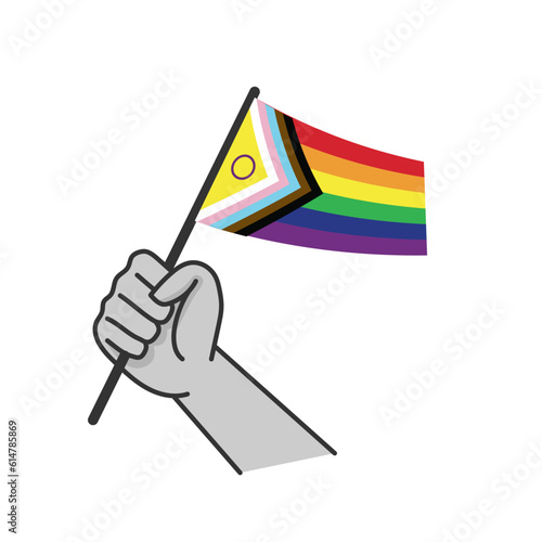 Hand holding lgbt rainbow flag. Cartoon arm doodle holding Pride symbol. Gender diversity representation.