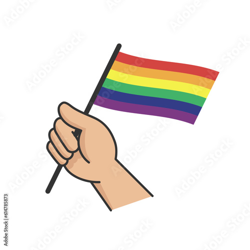 Hand holding lgbt rainbow flag. Cartoon arm doodle holding Pride symbol. Gender diversity representation.