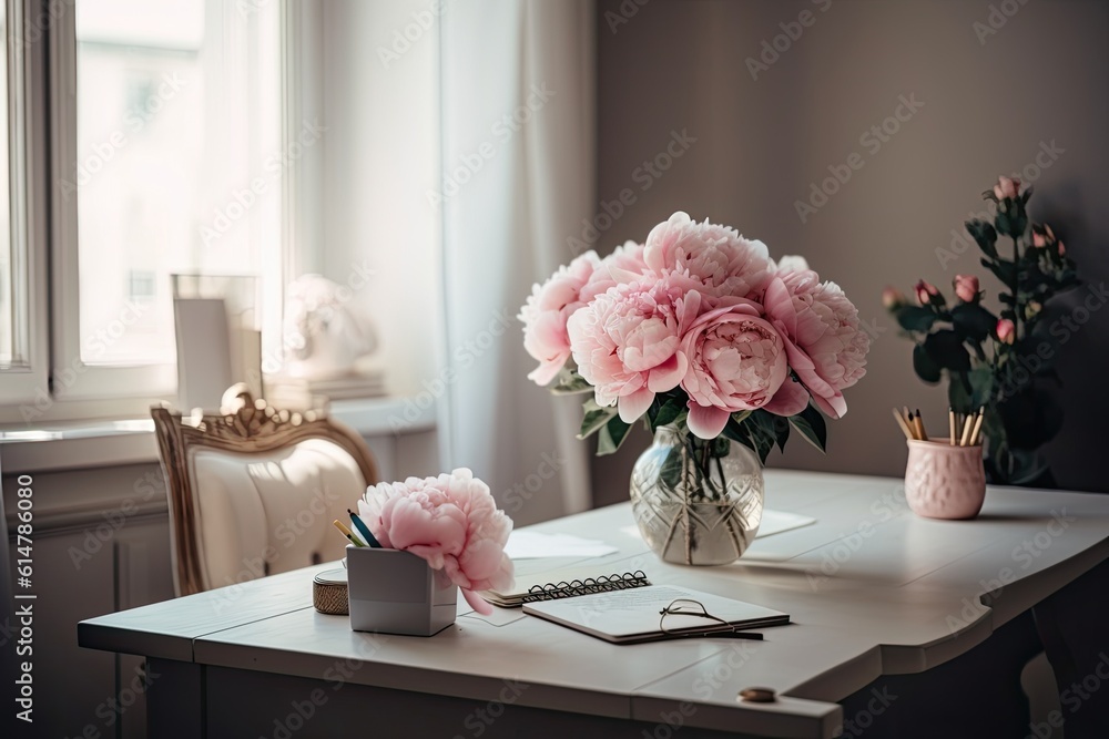 Still life image of a home office. mock ups of a computer, a notebook, and memo cards. vase filled with pink peonies, books, and a coffee cup. wooden desk a beautiful, feminine workspace. Interior of Still life image of a home office. mock ups of a computer, a notebook, and memo cards. vase filled with pink peonies, books, and a coffee cup. wooden desk a beautiful, feminine workspace. Interior of