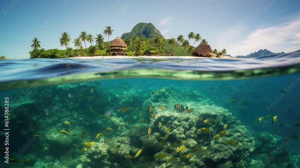 Tropical island in the ocean with coral reefs and fish. Palm trees beach vacation. Underwater landscape.