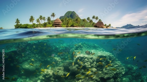 Tropical island in the ocean with coral reefs and fish. Palm trees beach vacation. Underwater landscape. © radekcho