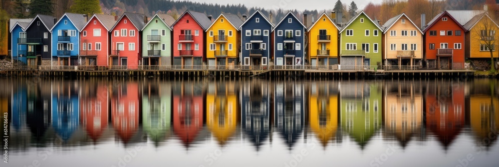 Fototapeta premium Colorful row of homes on a lake. Reflection of houses in the water. Old buildings in Europe. Architectural landscape.