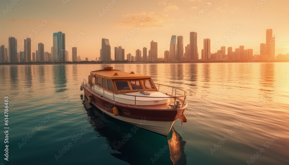 boat on sea near city buildings during sunset