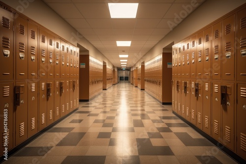 High school hallway with lockers. Education, classroom entrance. Hospital office empty building.