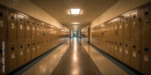 High school hallway with lockers. Education, classroom entrance. Hospital office empty building.