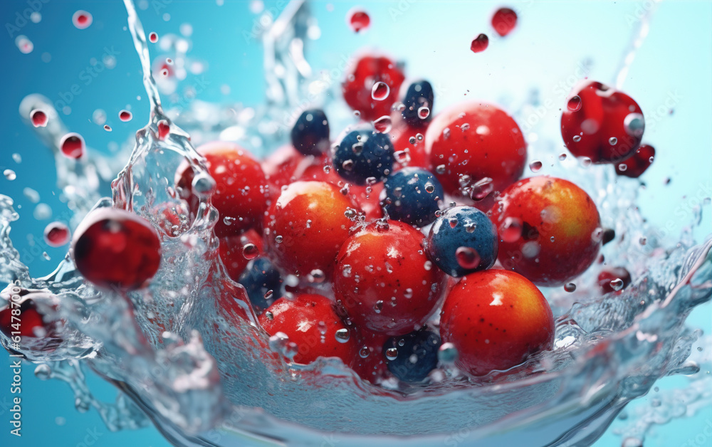 Fresh fruits and splashing water,created with generative ai tecnology. Fresh fruits and splashing water,created with generative ai tecnology.