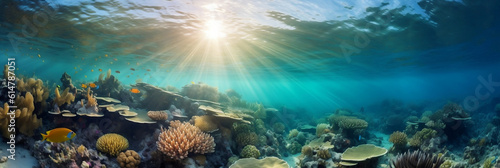 the sun shining through the water over a coral reef with fish swimming below it and a coral reef in the foreground, with sunlight streaming through the water, Generative AI