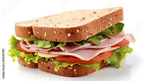 a tasty sandwich with ham lettuce and tomato isolated on white background. Generative AI