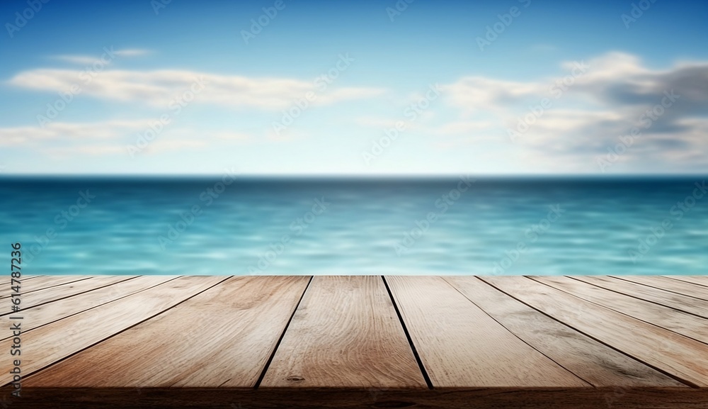  A wooden table against the background of the sea, a table of free space for demonstrating goods