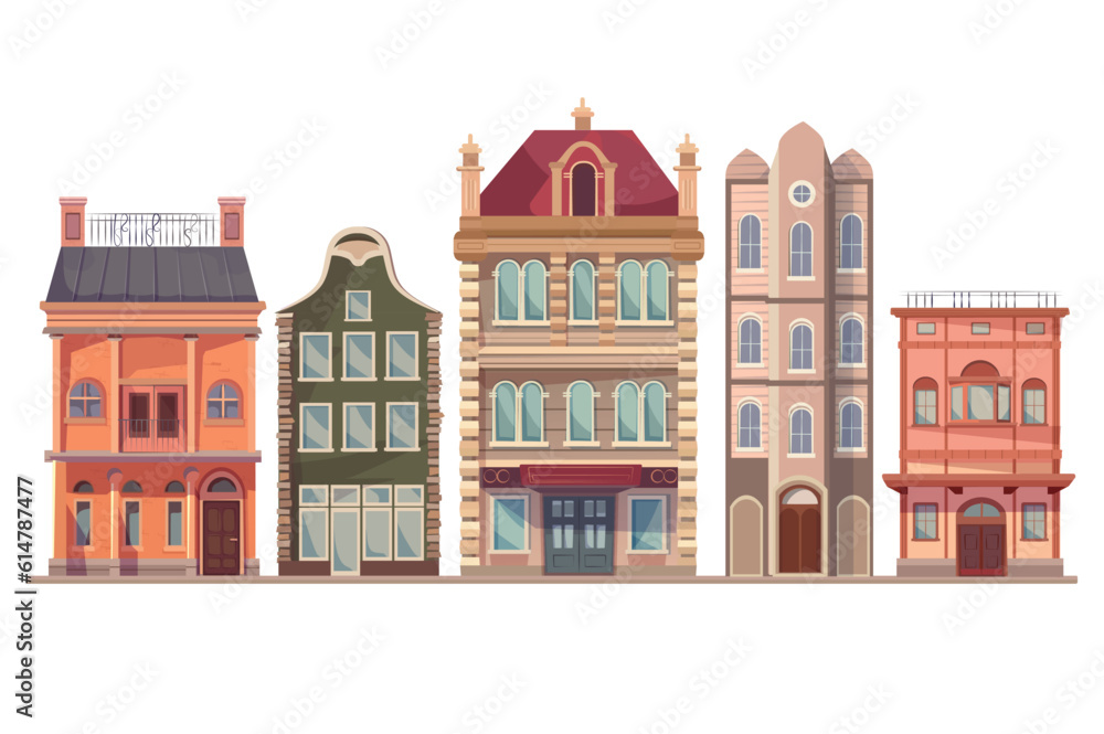 Set of buildings. Charming cartoon illustration of unique set design featuring captivating historical buildings. Vector illustration.