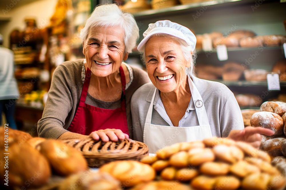 Smiling saleswomen at the bakery. AI generative.