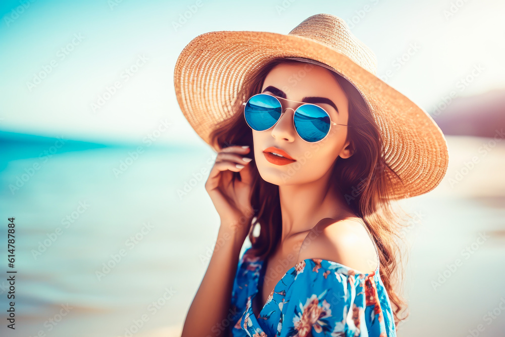 Young woman on a sea vacation. Portrait of a young woman in hat at a seaside resort. Generative AI Young woman on a sea vacation. Portrait of a young woman in hat at a seaside resort. Generative AI