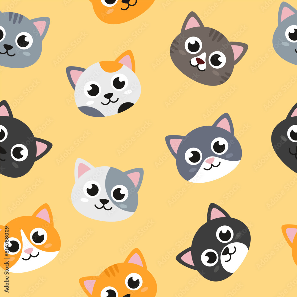 Fototapeta premium Cat, kitten heads, seamless pattern, flat style illustrations background