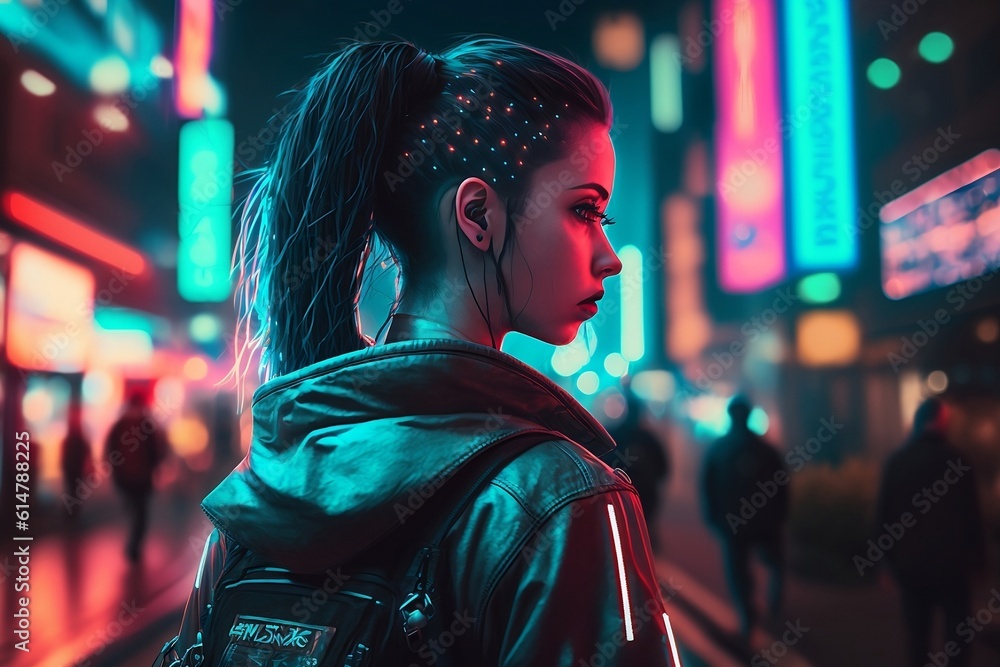 Fototapeta premium Beautiful cyberpunk woman on neon city street
