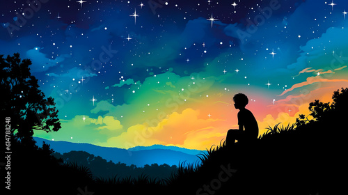 虹色の星空を眺める少年のシルエット Generative AI