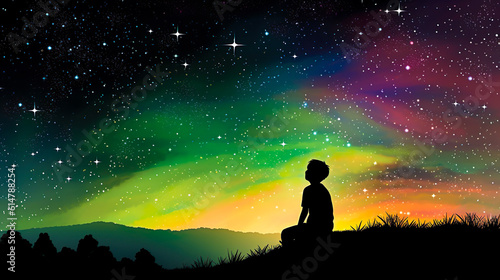 Fotografiet 虹色の星空を眺める少年のシルエット　Generative AI