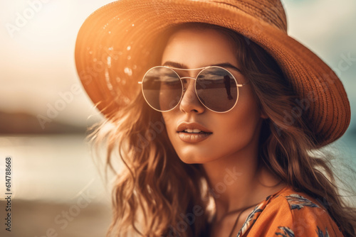 Young woman on a sea vacation. Portrait of a young woman in hat and sunglasses at a seaside resort. Generative AI 