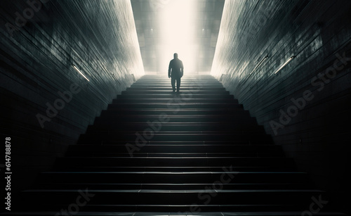 Businessman walking at opened door and ladder. Long career and long way to success concept. Man walking on a stairway leading up to up arrow. Realistic 3D illustration. Generative AI