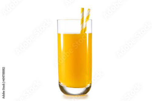 Glass of freshly squeezed orange juice with drinking straws isolated on white background. Healthy drinking.