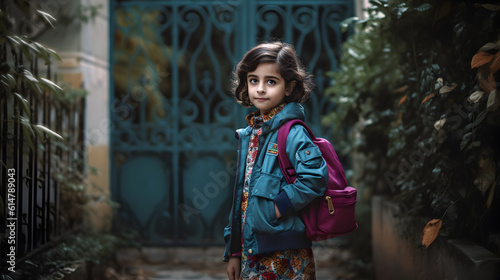 Arabian student girl with backpack. Concept of back to school. AI generated