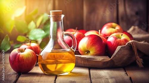 Leinwand Poster Apple cider vinegar in glass jar with fresh apple fruit, Generative Ai