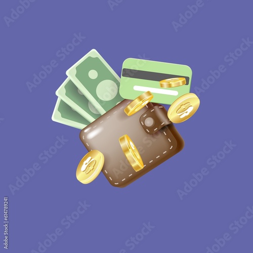 Money wallet with green paper dollars and gold coins. Realistic 3d design in cartoon style. Business financial investment. Creative concept. Trade cash back. Save savings. illustration photo