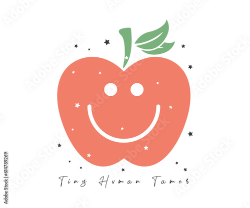 Tiny Human tamer with Smiley Cute Apple Cartoon Character on white background inspirational quotes,lettering design. happy Teacher vector editable design.