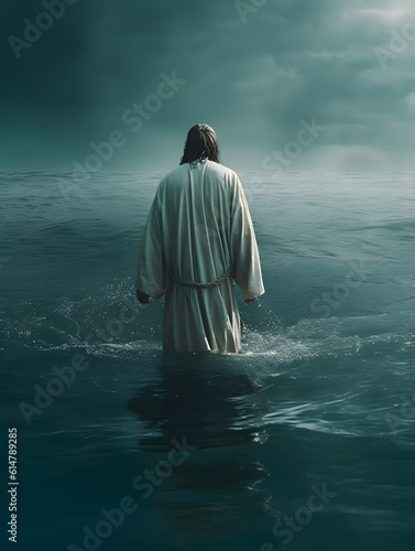 Back view of Jesus Christ walking on water. AI generated
